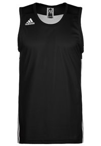 Canotta sportiva nera realizzata in tessuto a rete traspirante. Presenta il logo bianco adidas sul davanti e strisce bianche sui lati. Design senza maniche.