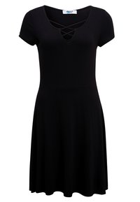 Czarna dopasowana sukienka z miękkiego materiału, z krótkimi rękawami i dekoltem w kształcie litery V z fasonem krzyżującym się. Rozkloszowany spódnica w kształcie litery A.