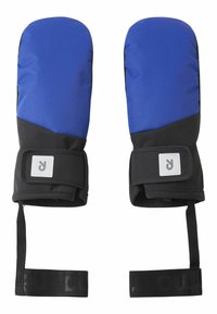 Niebiesko-czarne ocieplane rękawice z zaokrąglonym kształtem, wyposażone w regulowane paski na nadgarstki oraz naszywkę z logo na okolicy nadgarstka.