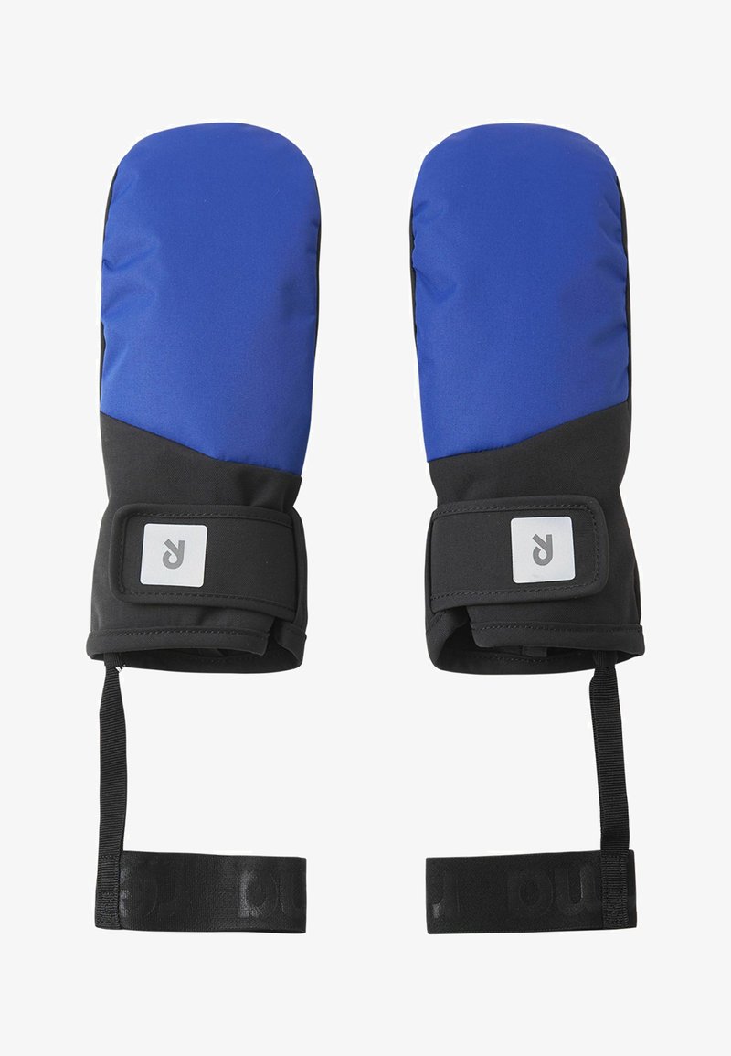 Niebiesko-czarne ocieplane rękawice z zaokrąglonym kształtem, wyposażone w regulowane paski na nadgarstki oraz naszywkę z logo na okolicy nadgarstka.