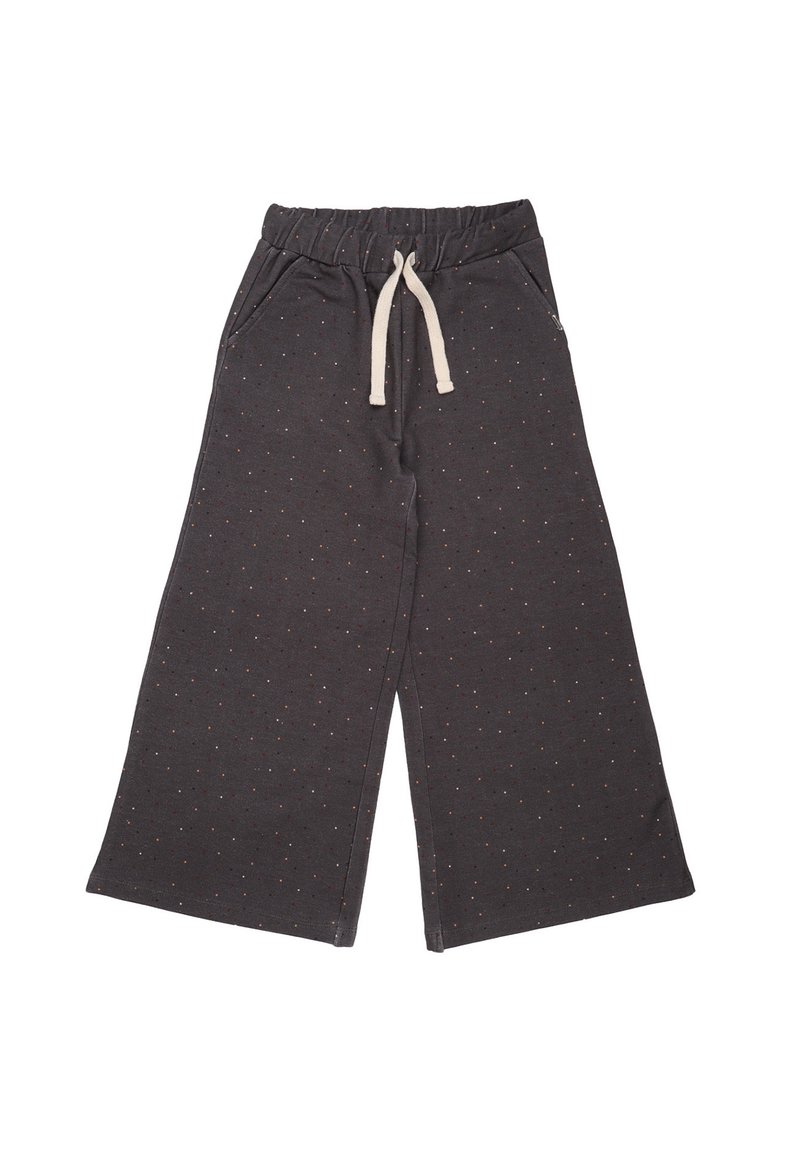 Dark gray wide-leg pants made of soft fabric with an elastic waistband and cream drawstring, featuring small multicolored dots throughout.
