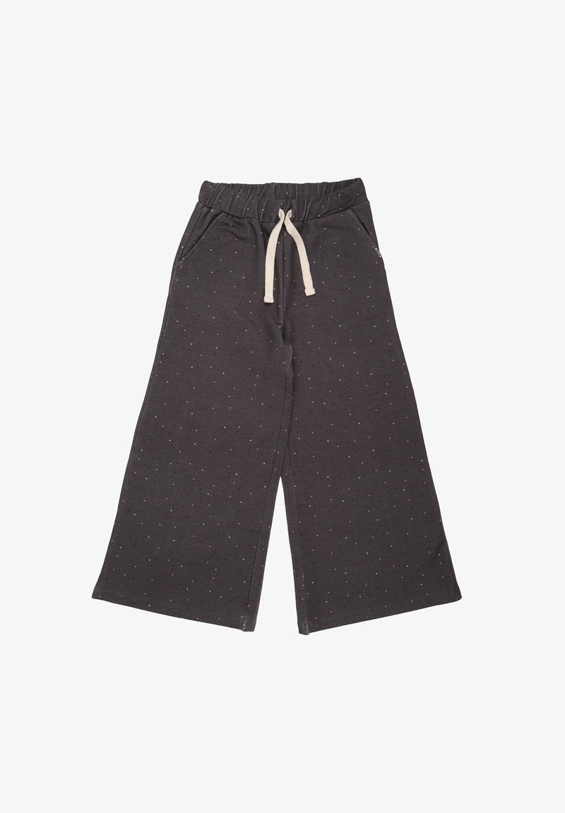 Dark gray wide-leg pants made of soft fabric with an elastic waistband and cream drawstring, featuring small multicolored dots throughout.