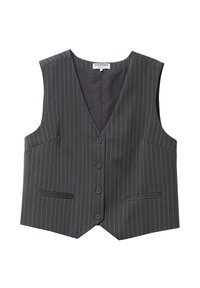 Grå väst med ränder och v-ringning, fem knappar fram, två framfickor och en slät innerfoder.