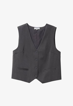 Grau gestreifter Weste mit V-Ausschnitt, fünfknöpfiger Front, zwei vorderen Taschen und glattem Innenfutter.