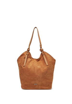 Hnědá kabelka z broušené kůže s dvěma koženými ramenními popruhy a malým logem "JENNY" uprostřed vpředu.