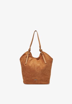 Hnědá kabelka z broušené kůže s dvěma koženými ramenními popruhy a malým logem "JENNY" uprostřed vpředu.