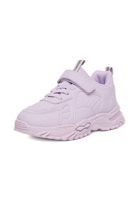 Sneaker sportiva viola chiaro con cinturino a strappo, lacci, suola strutturata e linguette di presa su lingua e tallone.