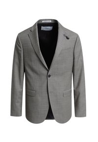 Hellgrauer Herrenblazer mit einem einzelnen schwarzen Knopf, Reverskragen, zwei aufgesetzten Taschen vorne und einer kleinen dekorativen Nadel am linken Revers.