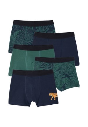 Five pairs of men's boxer briefs in navy and green, some with tropical leaf patterns and one with a small tiger graphic on the front.