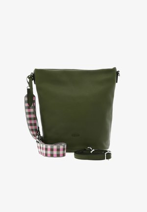 Sac seau en cuir vert olive avec une bandoulière ajustable amovible et une sangle d’épaule à carreaux rose et grise détachable.