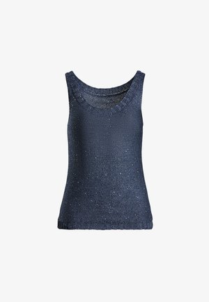 Tummansininen neulottu hihaton paita, jossa on leveä pyöreä kaula-aukko, textured-kangas ja hienovaraiset täplät kaikissa yksityiskohdissa.