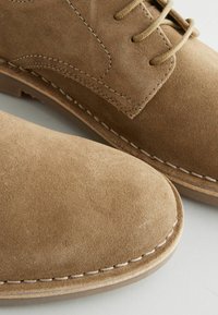 Brown suede ankle boots feature a round toe and prominent stitching. The design includes lace fastenings and a textured surface.