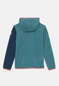 Fleece hoodie in teal with orange accents; features a textured surface, a removable hood, and navy sleeves with a flag patch.