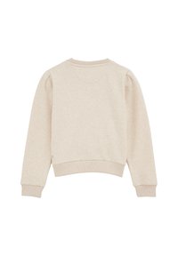 Felpa beige con collo rotondo, polsini e orlo a costine, caratterizzata da una consistenza morbida e un design minimalista, senza logo o motivi visibili.