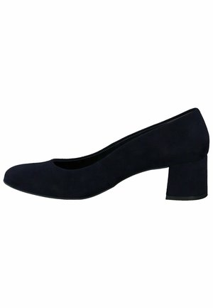Dunkelblaues Wildleder-Blockabsatzschuh mit runder Zehenpartie und glatter Textur. Minimalistisches Design, keine sichtbaren Beschläge oder Verzierungen.