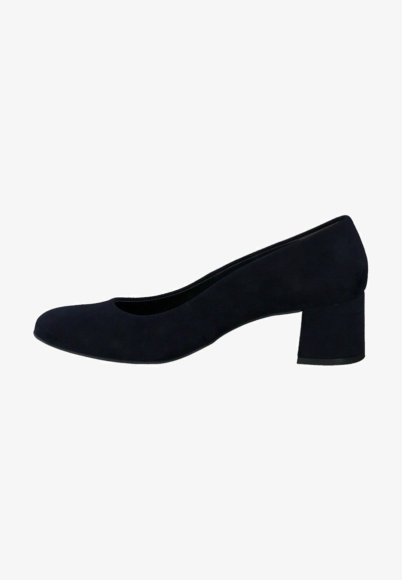 Scarpa con tacco a blocco in suede blu navy con punta arrotondata e superficie liscia. Design minimalista, senza hardware o decorazioni visibili.