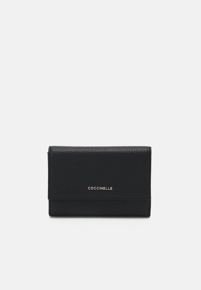 Black leather wallet with a textured finish, featuring a fold-over flap and a gold logo accent on the front. Compact rectangular design.