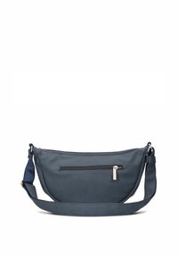 Borsa a tracolla in pelle blu scuro con tasca anteriore con zip, tracolla regolabile e una finitura testurizzata. Forma rotonda con minimi dettagli in metallo.