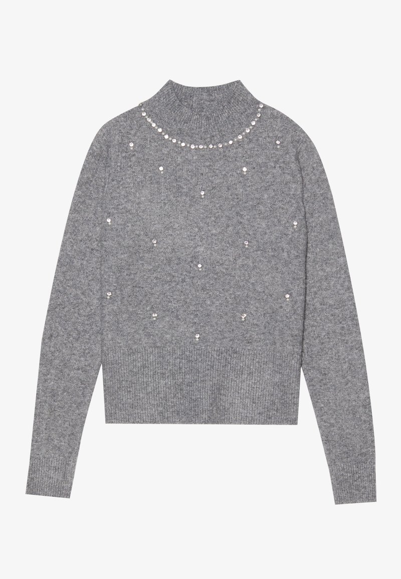 Pull en tricot gris avec un col montant, comportant des embellissements en strass dispersés et des poignets et un ourlet côtelés. Design classique à enfiler.