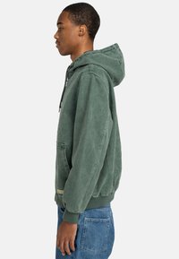 Sudadera verde con capucha hecha de tejido suave, con un bolsillo tipo canguro y puños de canalé. Corte casual con una textura desgastada.