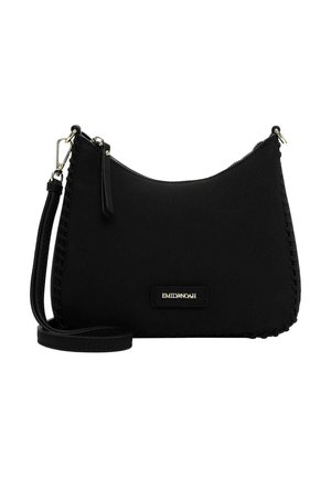 Black shoulder bag made of smooth material with a curved shape. Features stitched accents, a zipper closure, and a detachable strap.