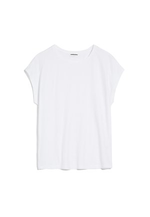 Weißes T-Shirt aus weichem Stoff mit Rundhalsausschnitt, kurzen Kapellärmeln und lockerer Passform. Glatte Textur ohne Muster oder Akzente.