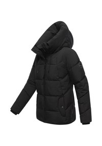 Black puffer jacket with a high collar, side pockets, and a zip-up front. Features stitched quilted patterns and adjustable drawstring hood.