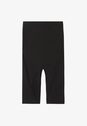Sorte leggings lavet af et strækbart stof, midt-lår længde og med en elastisk talje. Glat tekstur og simpelt design uden mønstre eller dekorationer.