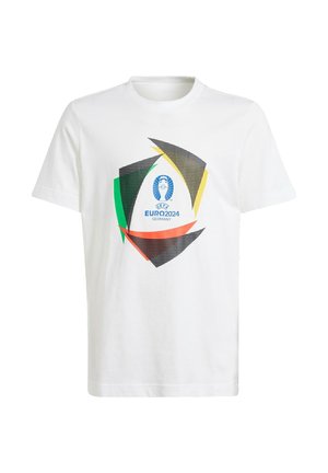 T-shirt blanc à manches courtes avec le logo UEFA EURO 2024 Allemagne et des formes géométriques colorées en vert, jaune, rouge et noir au centre devant.