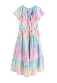 Geplooide jurk met korte mouwen in verloopkleuren van pastelroze, blauw en groen; voorzien van een gelaagde rok en een elastische taille.