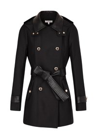 Svart trench coat med dobbeltradet design, gullfargede detaljer, belte med teksturert overflate, og en strukturert krage. Glatt stoff.