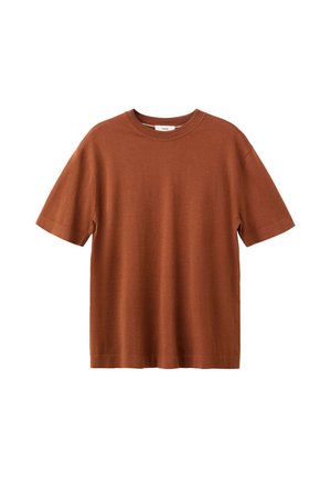 T-shirt marron en coton à manches courtes avec col rond, coupe décontractée et design uni sur fond blanc.
