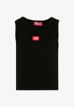 Czarny bezrękawnik z prążkowanego materiału, z czerwonym prostokątnym naszywką z logo umieszczoną na środku klatki piersiowej oraz czerwoną metką marki Diesel wewnątrz kołnierza.