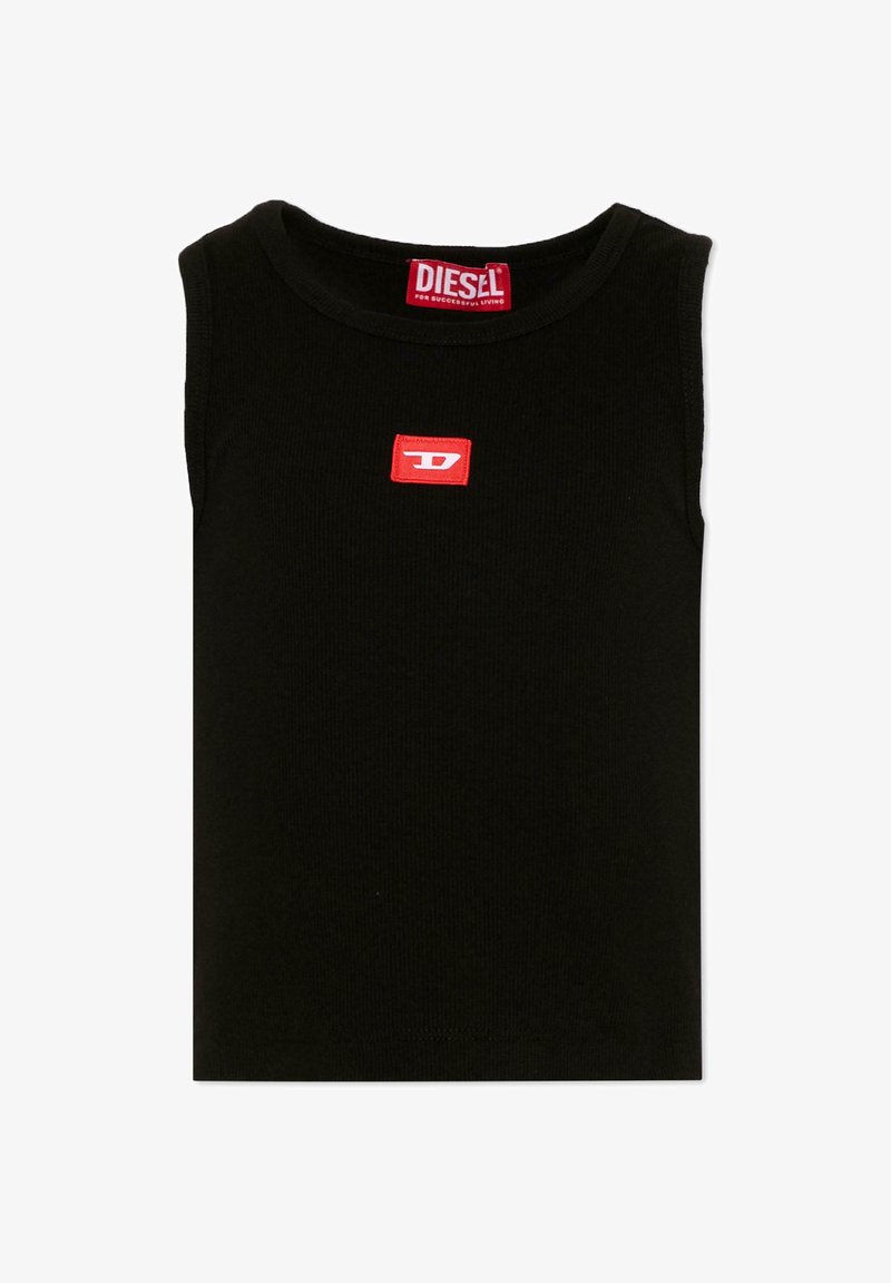Débardeur noir sans manches en tissu côtelé avec un patch logo rectangulaire rouge centré sur la poitrine et une étiquette de marque Diesel rouge à l'intérieur du col.