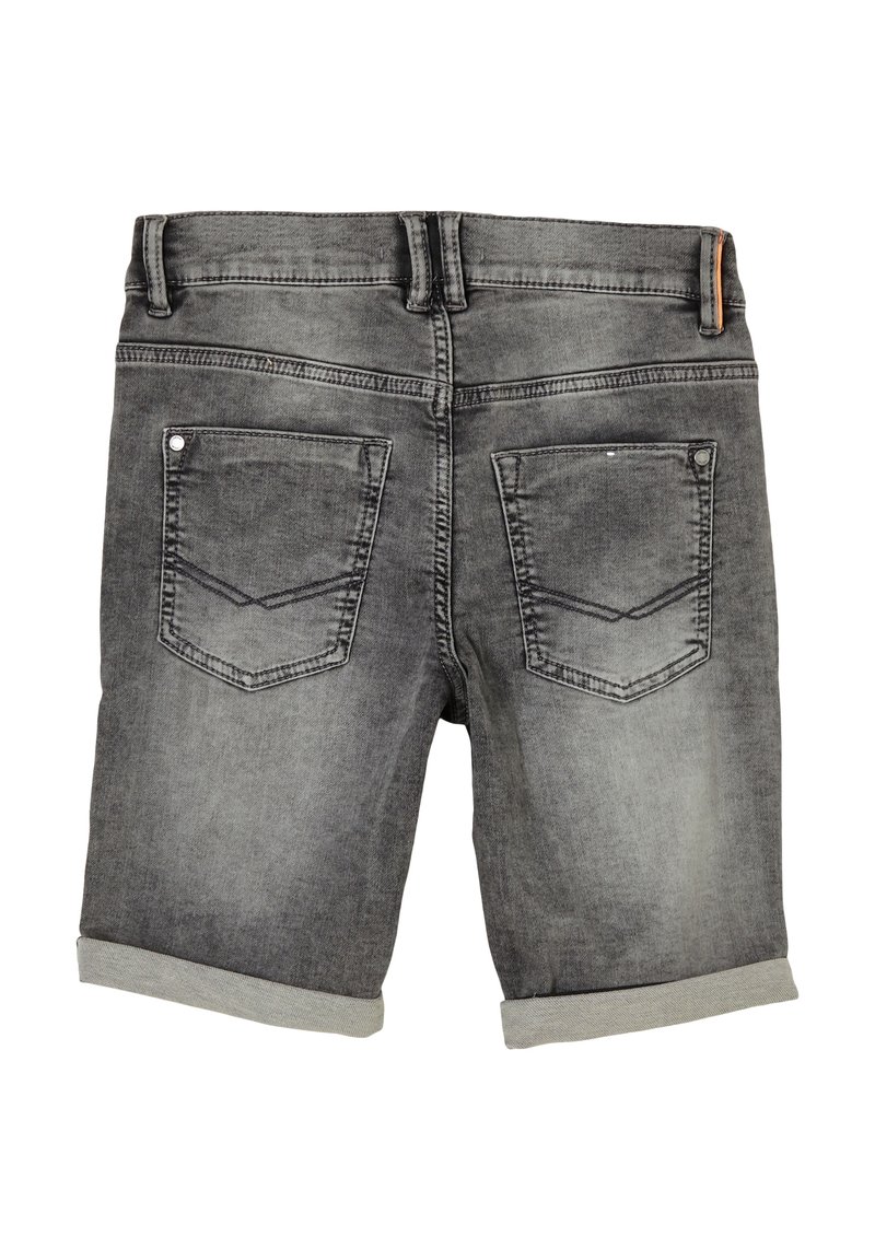 Short en jean noir délavé avec revers, deux poches arrière avec coutures décoratives et passants de ceinture à la taille.