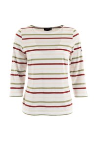 Maglietta a maniche lunghe a righe realizzata in tessuto morbido e leggero. Presenta righe alternati rosse, verdi e crema con scollo a barca.
