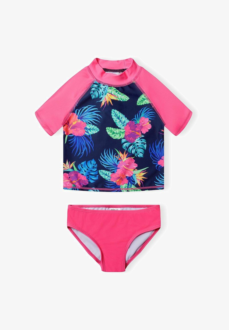 Dvoudílný plavkový set s topem krátkého rukávu v námořnické modři s barevným květinovým potiskem a jednobarevnými růžovými kalhotkami; vyrobeno z elastického materiálu.