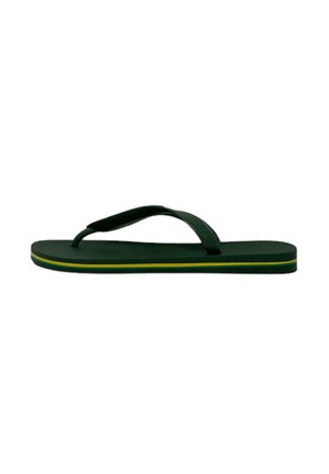 Infradito verdi con pedana testurizzata, strisce sottili e una striscia giallo-verde lungo la suola. Materiale sintetico leggero.