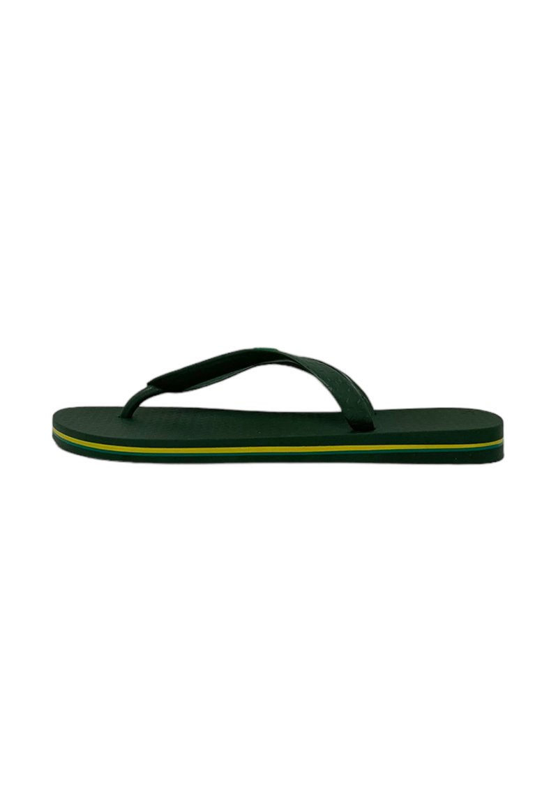 Groene flip-flop met een gestructureerde voetbed, dunne banden en een gele-groene accentstreep langs de zool. Lichtgewicht synthetisch materiaal.