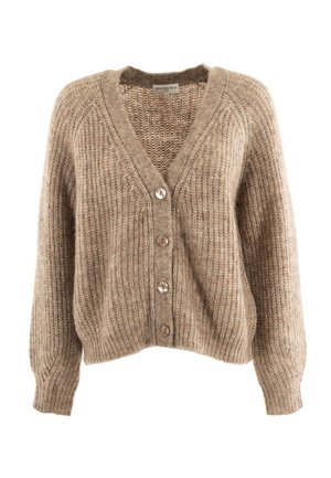 Cardigan beige texturizado con escote en V, mangas largas y cinco botones en la parte delantera. Fabricado en una suave mezcla de lana.