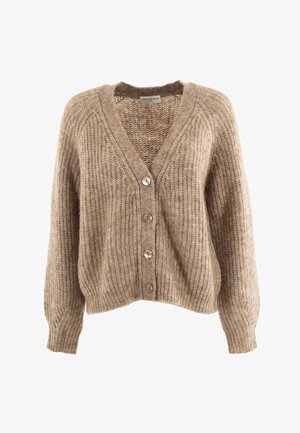 Cardigan beige texturizado con escote en V, mangas largas y cinco botones en la parte delantera. Fabricado en una suave mezcla de lana.