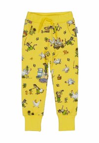 Gula bomullssweatpants med illustrerade mönster från gården, som visar djur och människor som sysslar med olika aktiviteter. Inkluderar fickor och dragsko.