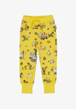 Gule bomulds sweatpants med illustrerede mønstre fra gården, der viser dyr og mennesker, der er engageret i forskellige aktiviteter. Inkluderer lommer og snoretræk.