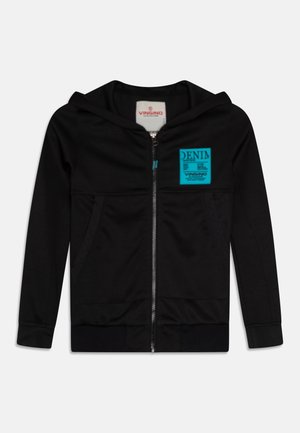 Black zip-up hoodie made of soft fabric with a kangaroo pocket. Features a blue denim label on the chest and ribbed cuffs and hem.