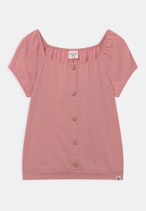 Pink kortærmet pige-bluse med rynker omkring firkantet halsudskæring og en forreste række med fem knapper, størrelse 9/10 fra Abercrombie Kids.