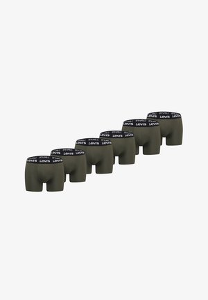 Seven olive green Levi's boxer briefs with black waistbands featuring white Levi's logos, arranged in a diagonal row on a white background.
