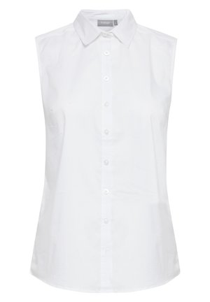 Biała bezrękawnikowa koszula z wystającym kołnierzykiem, z przodu zapinana na guziki, wykonana z gładkiej bawełny. Dopasowany krój z prostym dołem.