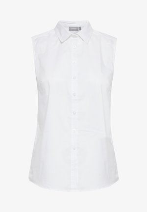 Biela bezrukávová košeľa s špicatým golierom, prednými gombíkmi a hladkým bavlneným materiálom. Strih prispôsobený na telo s rovným lemom.