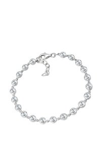 Silbernes Armband mit runden klaren Kristallverzierungen, verbunden durch eine feine Kette, ausgestattet mit einem Karabinerverschluss und einer verstellbaren Kette.