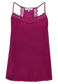 Camisola magenta con bordino in pizzo lungo il scollo e spalline regolabili. Tessuto morbido, design morbido e orlo arrotondato.